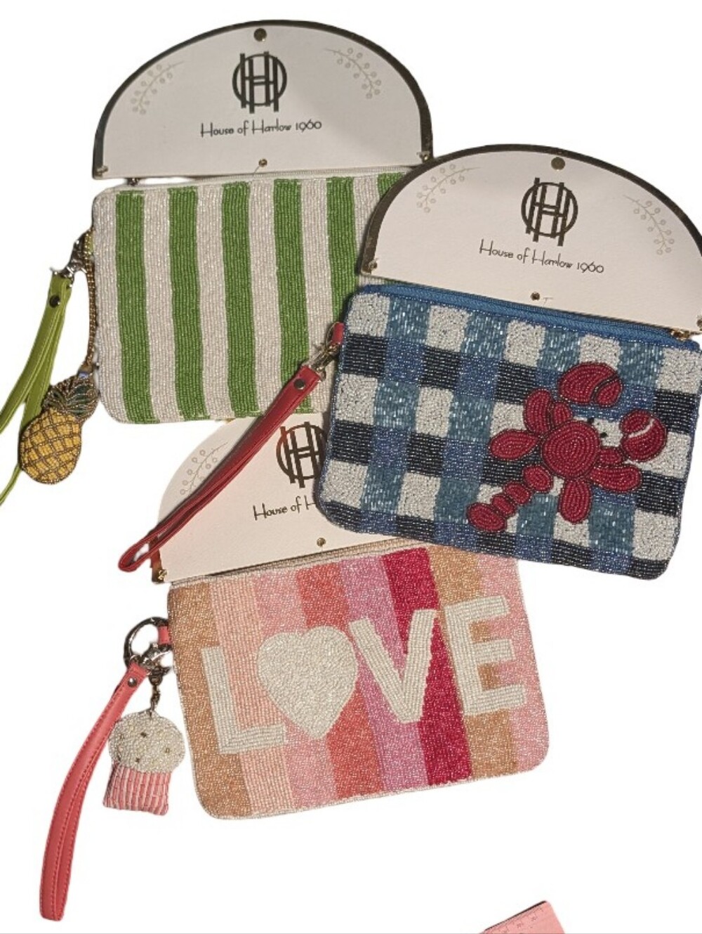 House of Harlow Beaded Wristlets Trio of 3 Bags + 2 Beaded Bag Charms